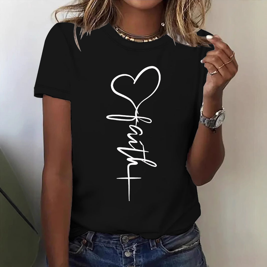 Women's Cute Printed Sleeve Elegant Heart Love Letter Pattern Round Neck Women's T-shirt