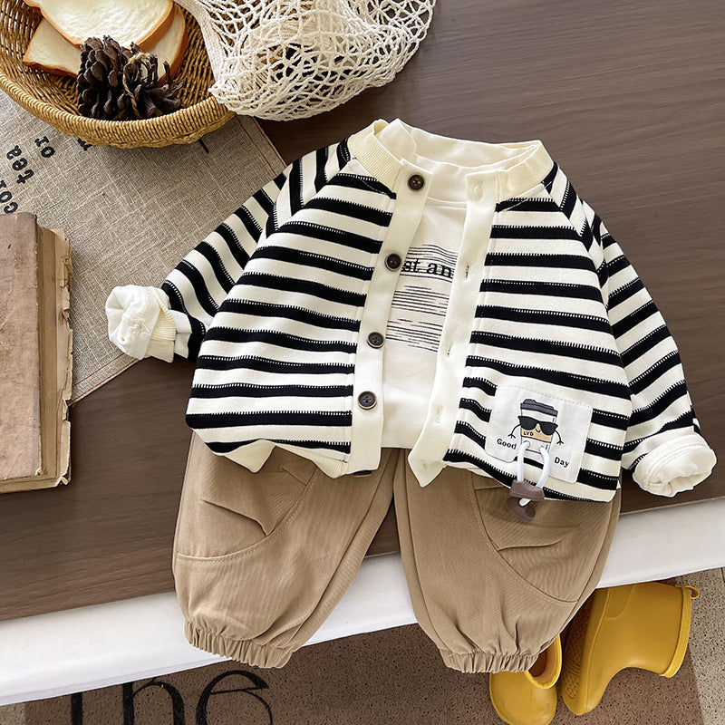 Fashionable Spring Clothing Striped Cardigan Three-piece Children's Suit
