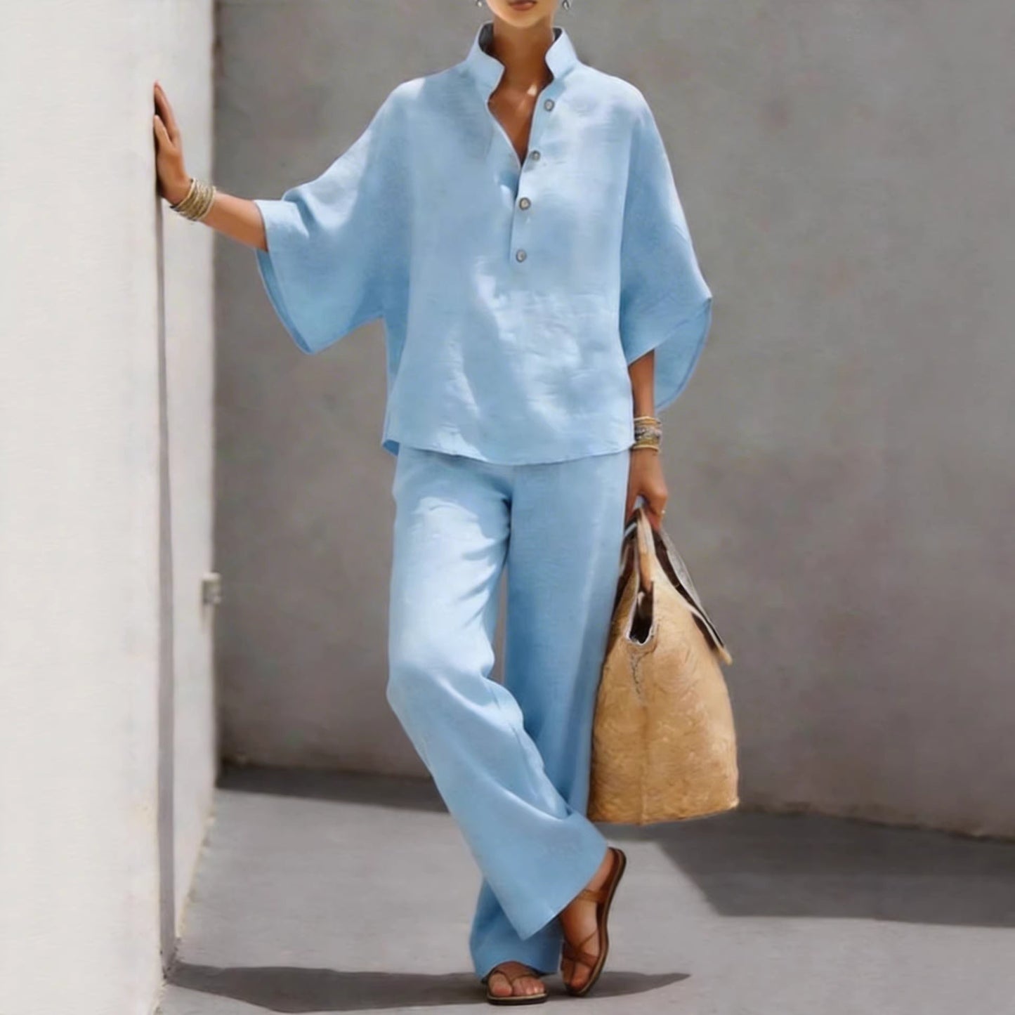 Pretty Women's Cotton Linen Shirt Two-piece Fashion Casual Suit