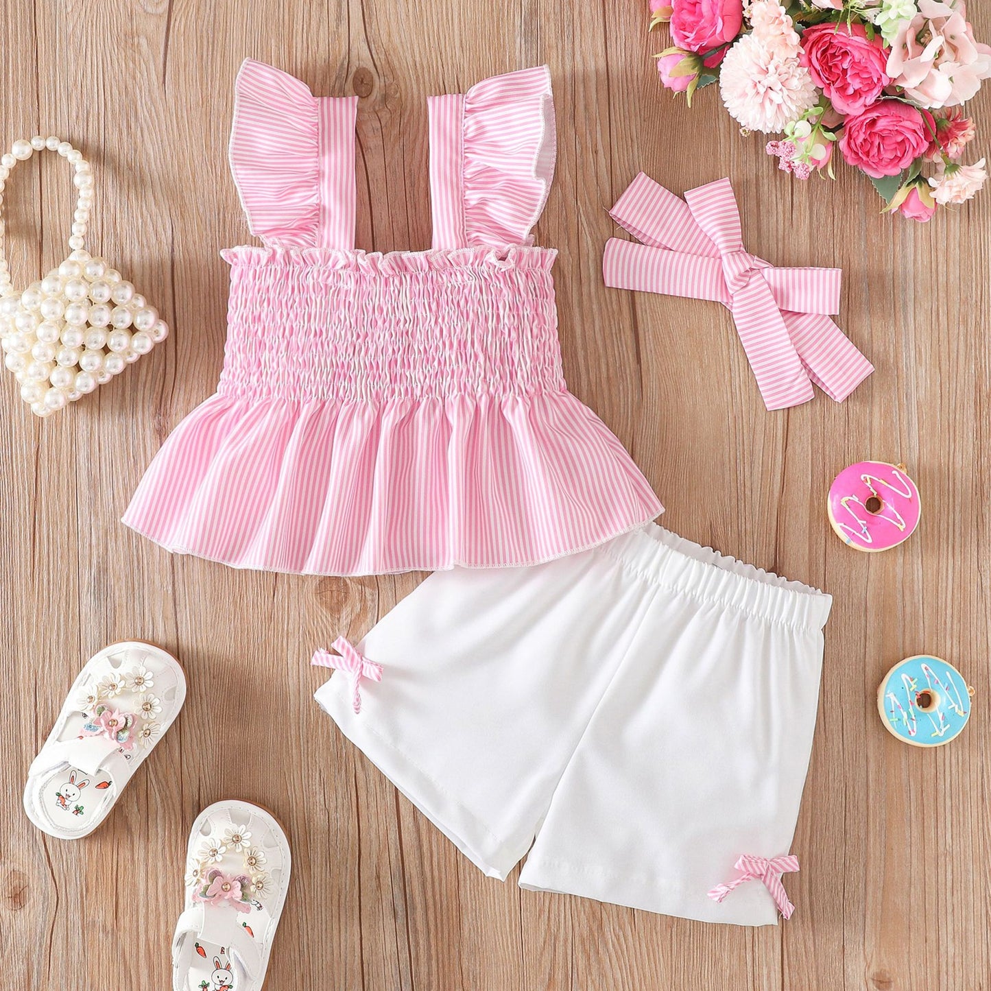 Set Three-piece Striped Smocking Camisole White Children's Suit