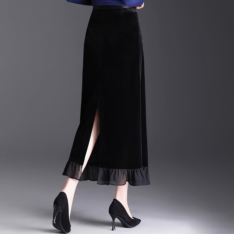 Women's Early Autumn Stitching Lace Veet Fashionable Temperamental Elastic Waist Skirt