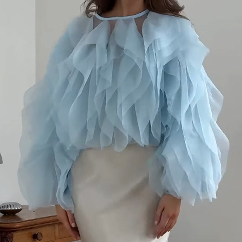 Women's Solid Color Autumn High-grade Stitching Voile Shirt Blouse