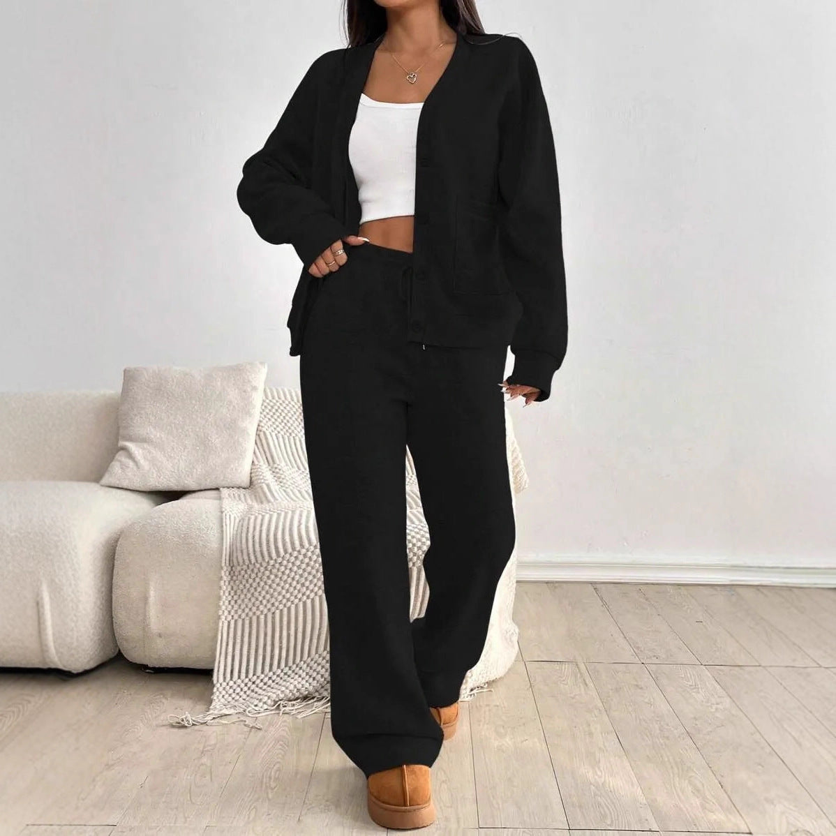 Women's Simple Pocket Sweatshirt Button Solid Color Fashion Casual Suit