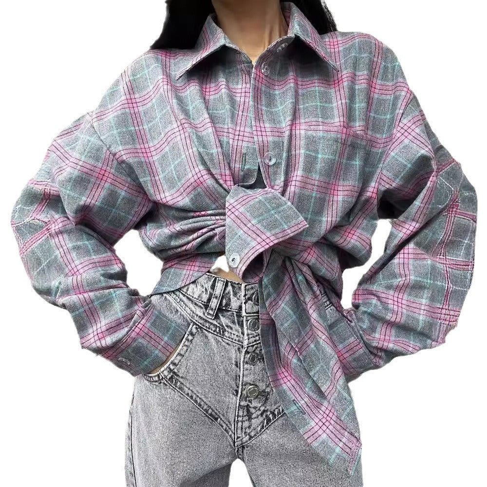 Women's Retro Easy Matching Lapel Loose Plaid Long-sleeved Blouse