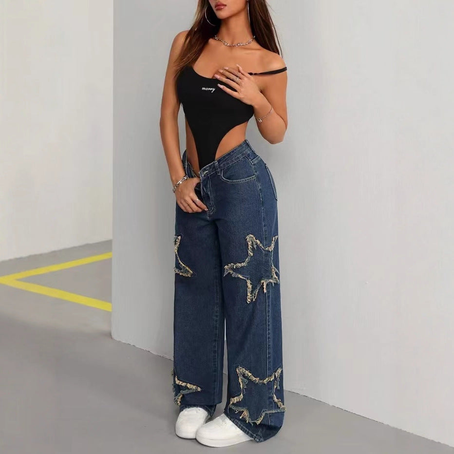 Women's Patch Pentagram Tassel Loose Burrs Straight Women's Jeans