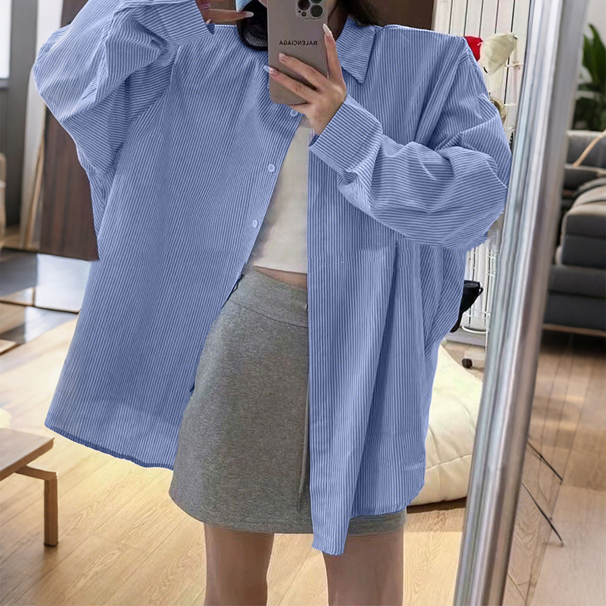 Women's Leisure Vacation Advanced Striped Long-sleeved Shirt Blouse