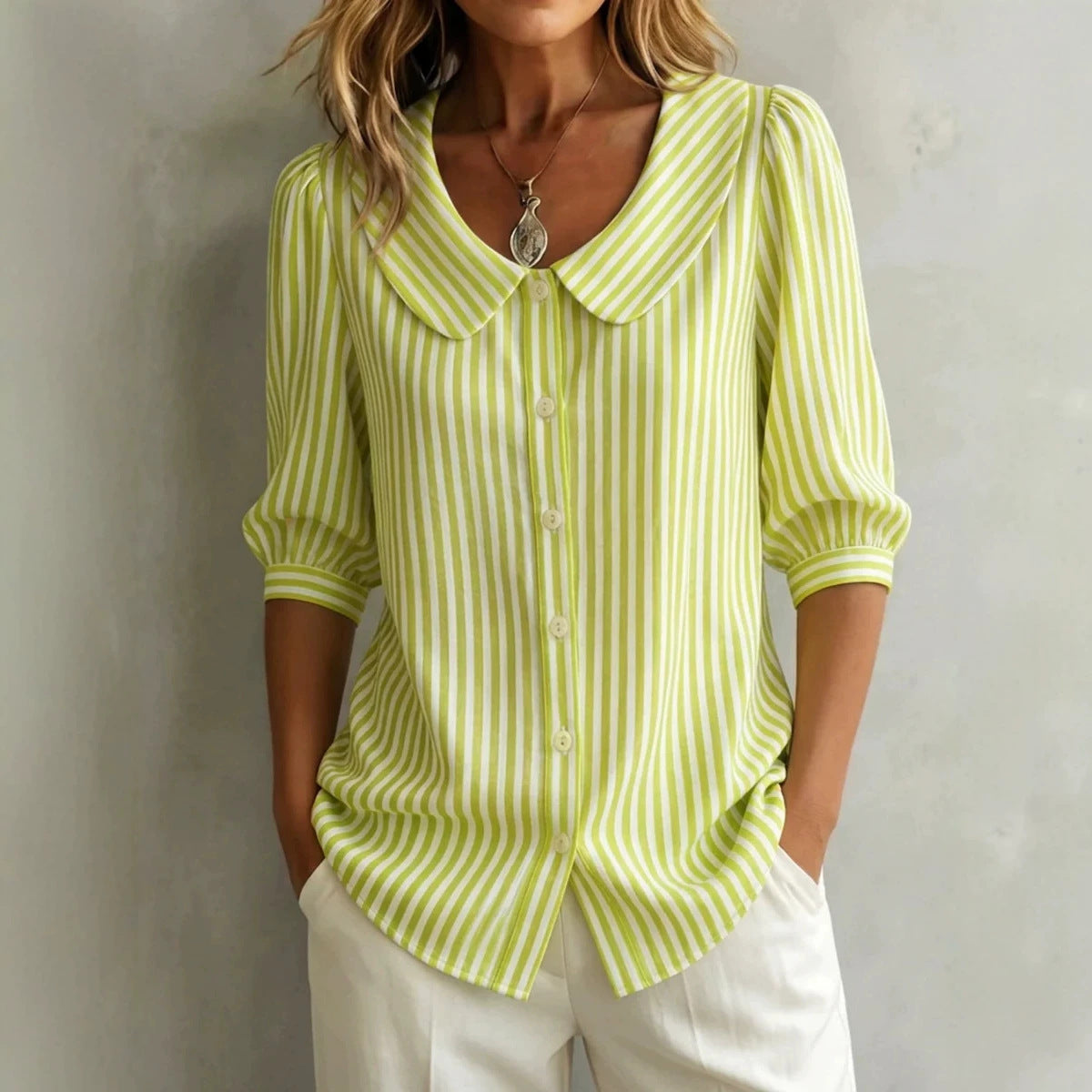 Women's Summer Doll Collar Striped Button Shirt Blouse