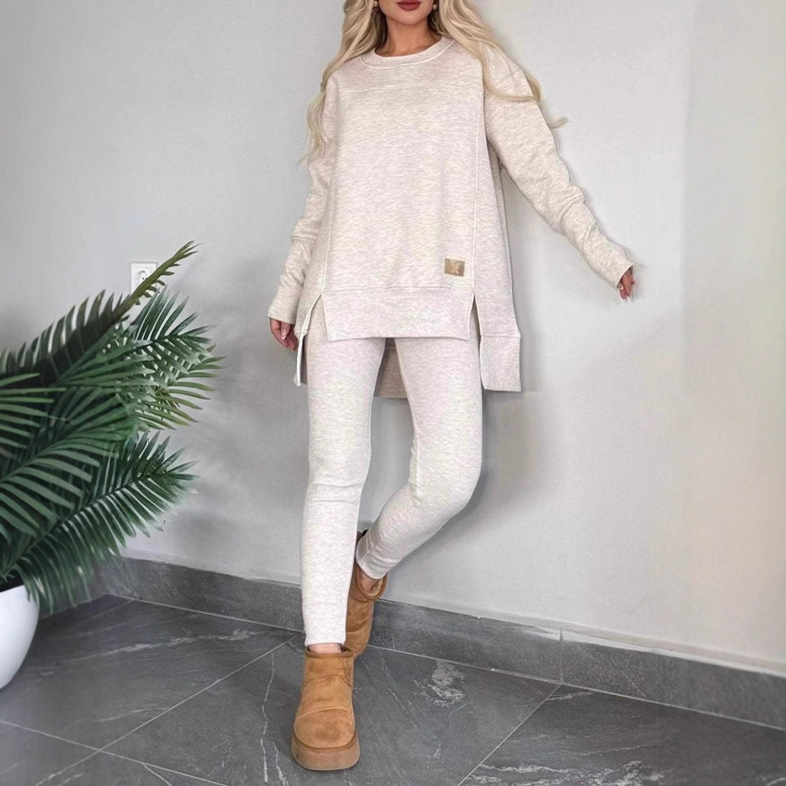 Women's Slit Long Sleeve Crew Neck Solid Color Fashion Casual Suit