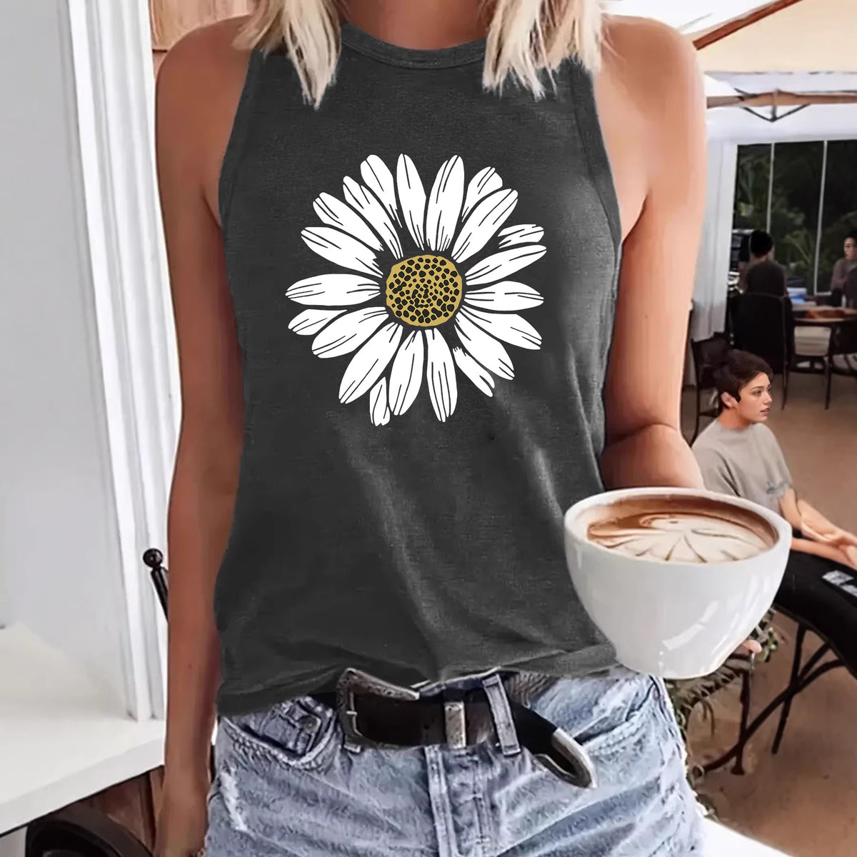 Women's Sleeveless Sunflower Print Loose Comfort Casual Fashion Tops
