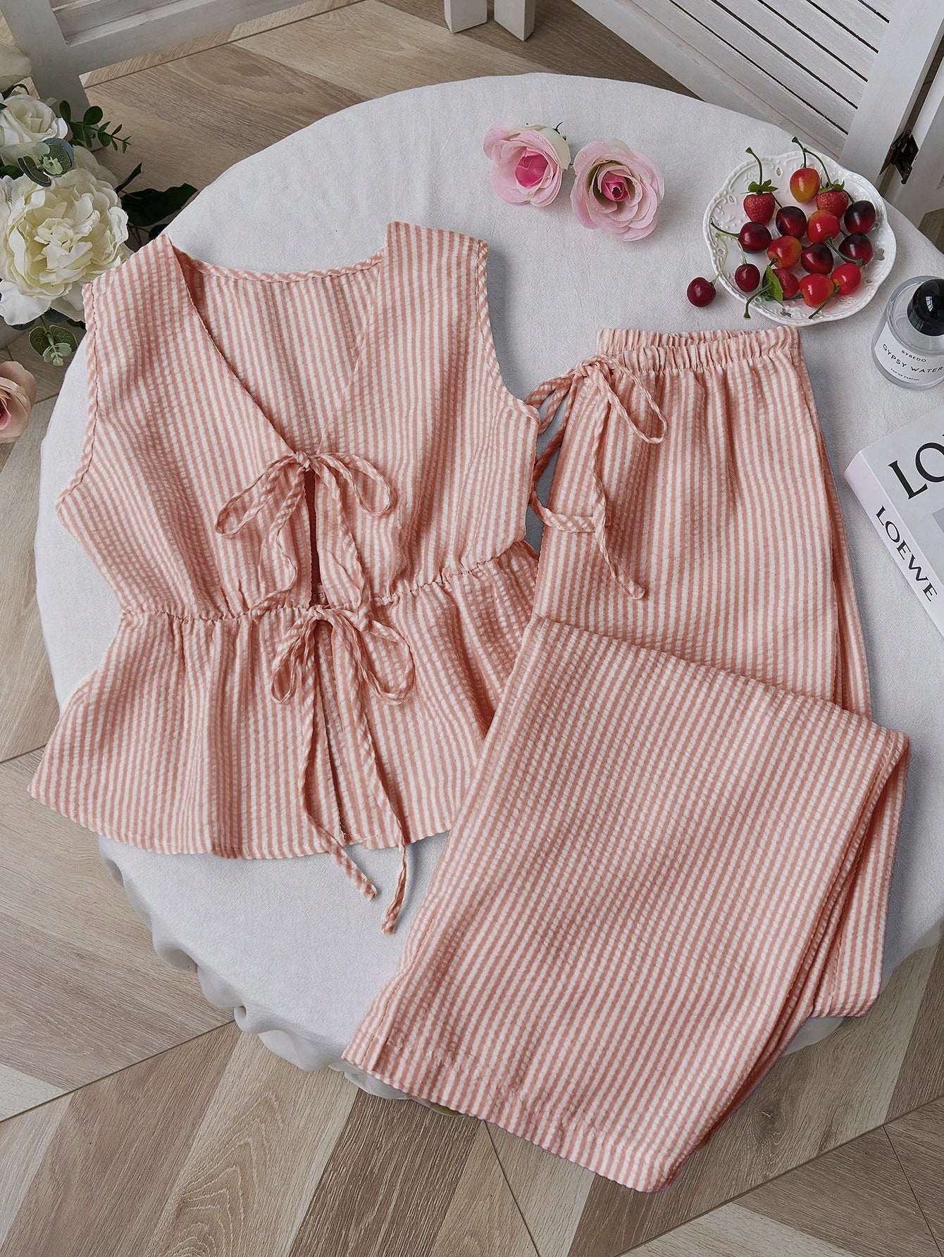 Color Striped Lace Up Wild Loose Trousers Fashion Casual Suit