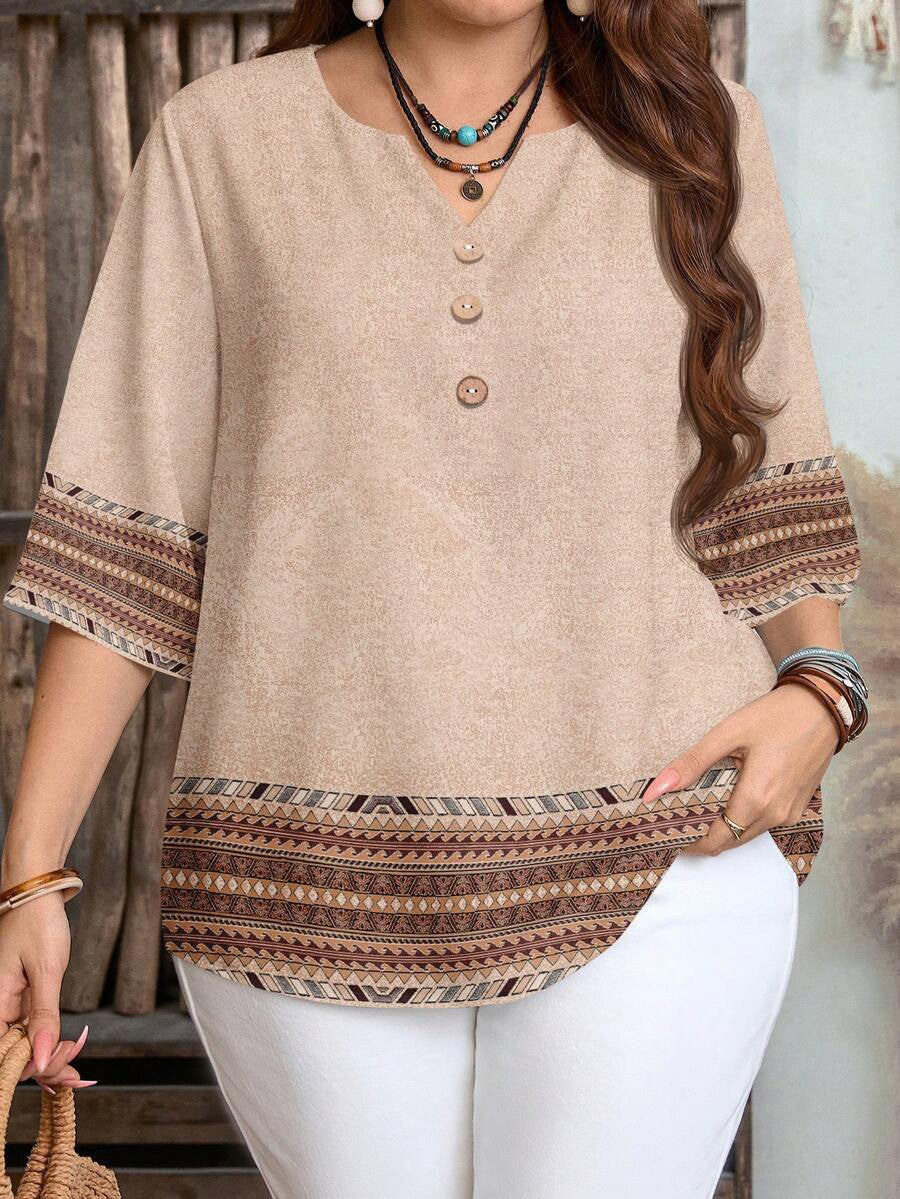 Women's Casual Printed Fastener Decoration Loose Sleeves Large Size T-shirt