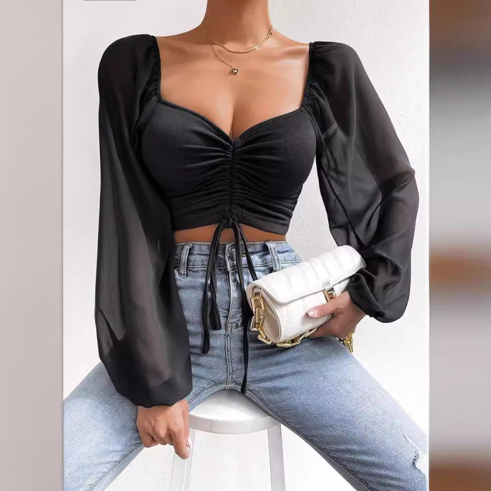 Women's Summer Chiffon Drawstring Lantern Sleeve Skinny Fashion Tops