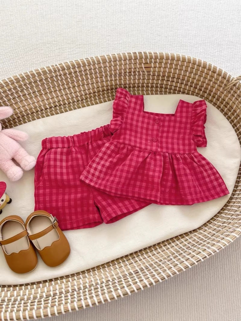 Summer Flounced Sleeve Plaid Fashion Western Children's Suit
