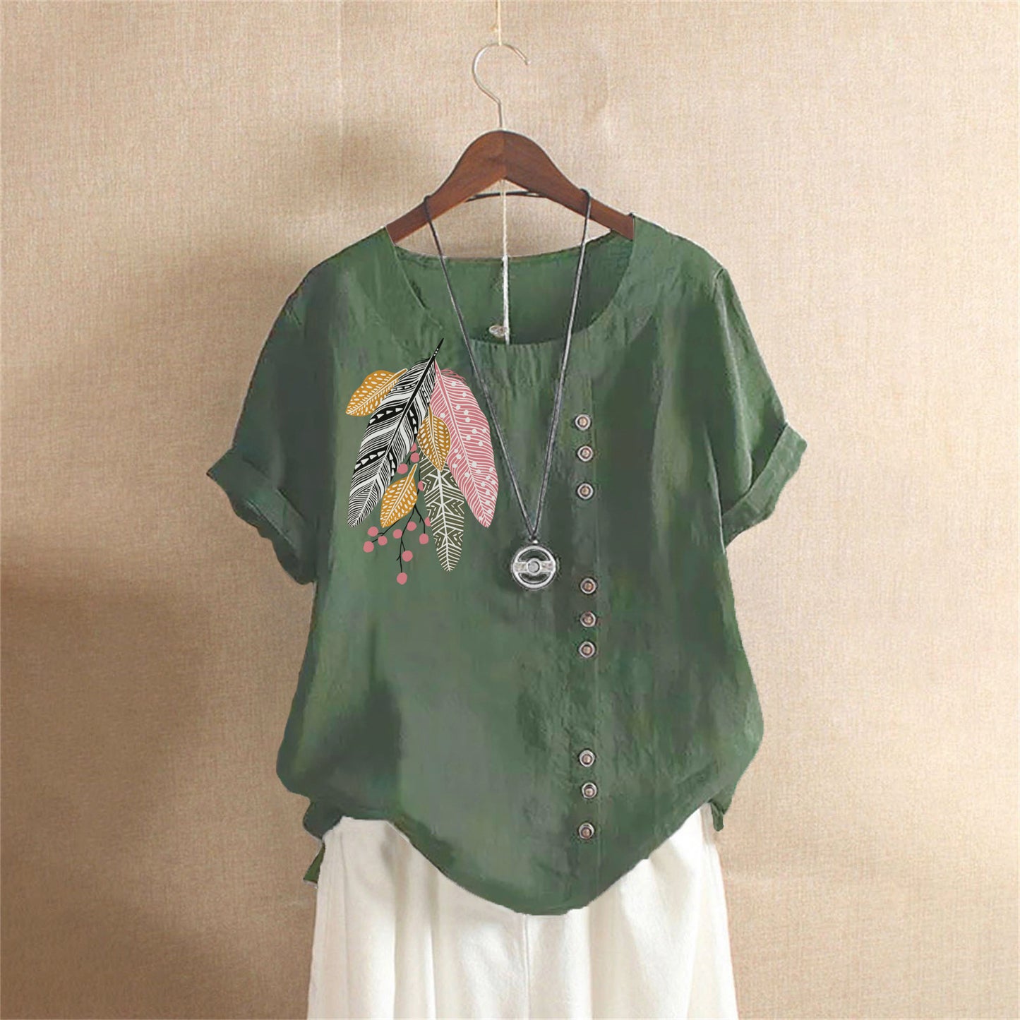 Women's Summer Retro Large Casual Loose Cotton Linen Sleeve Women's T-shirt