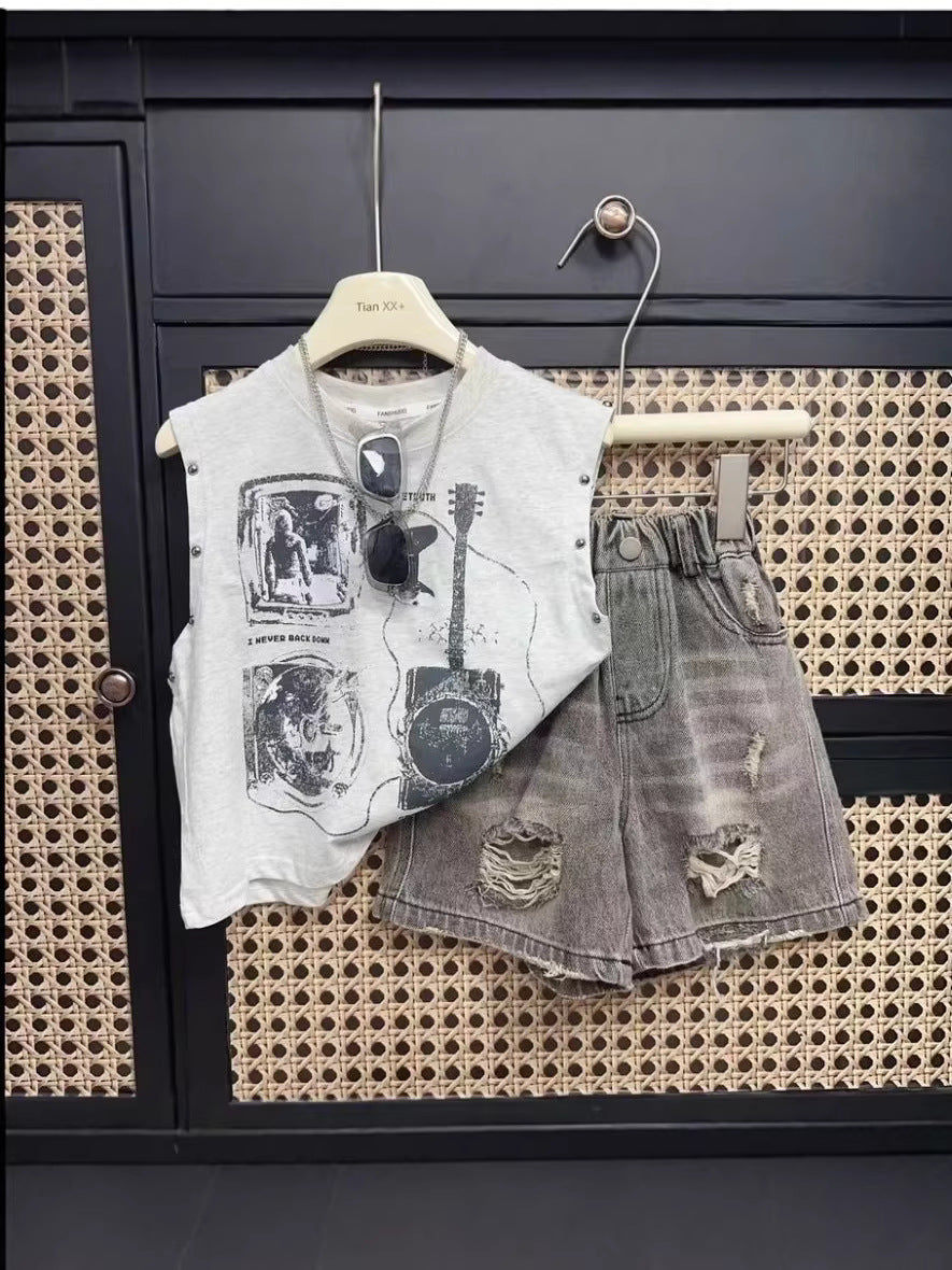 Children's Korean Printed Top Two-piece Fashionable Handsome Children's Suit