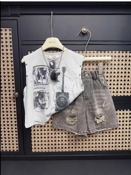 Children's Korean Printed Top Two-piece Fashionable Handsome Children's Suit