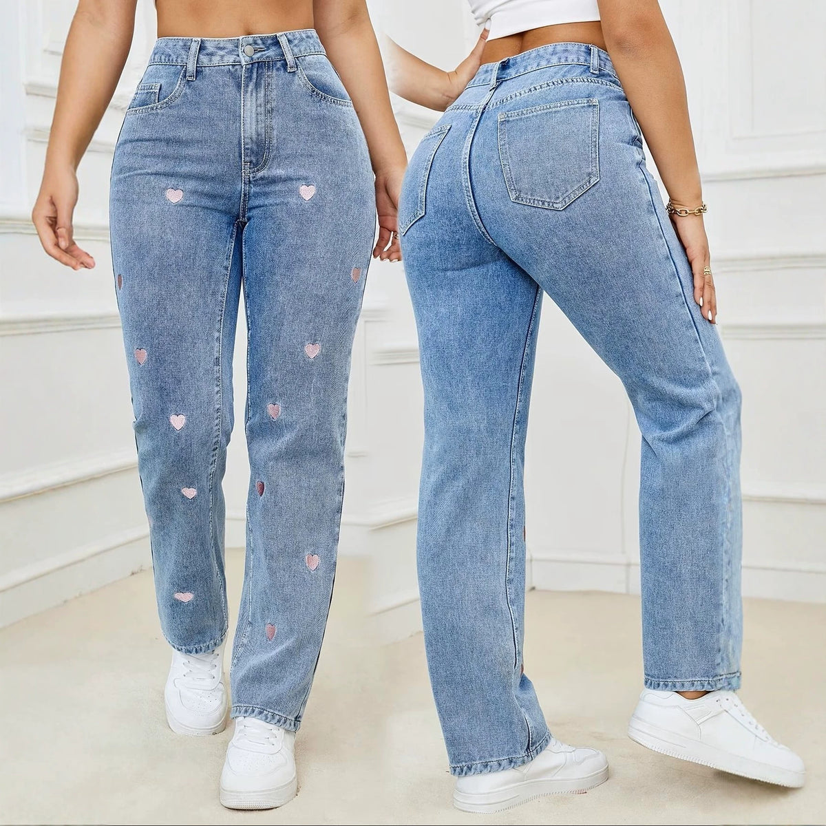 Women's Love Embroidered Straight Loose Elastic Denim Women's Jeans