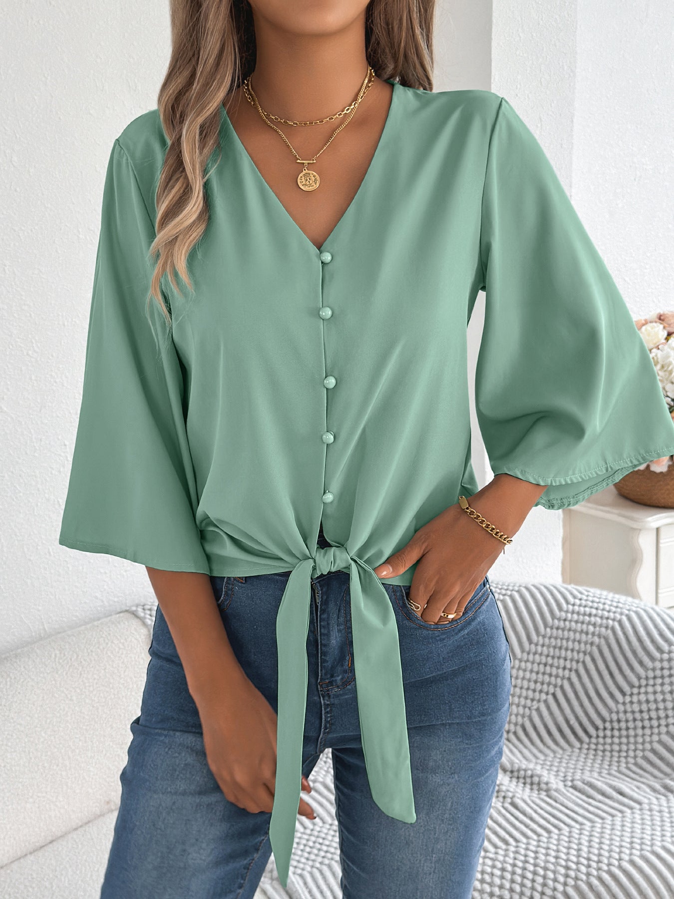 Women's Casual Button Three-quarter Sleeve Knotted Lace Shirt, Chiffon Shirt