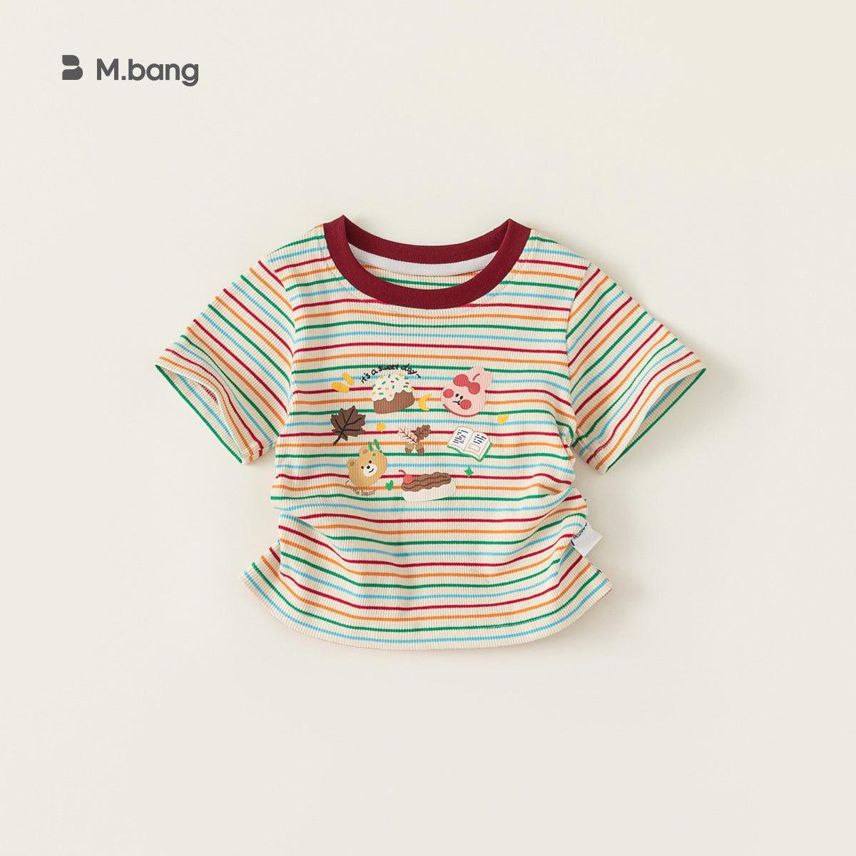 Children's Short-sleeved Contrast Color Round Neck Top Colorful Striped Cartoon Printed Children's T-shirt
