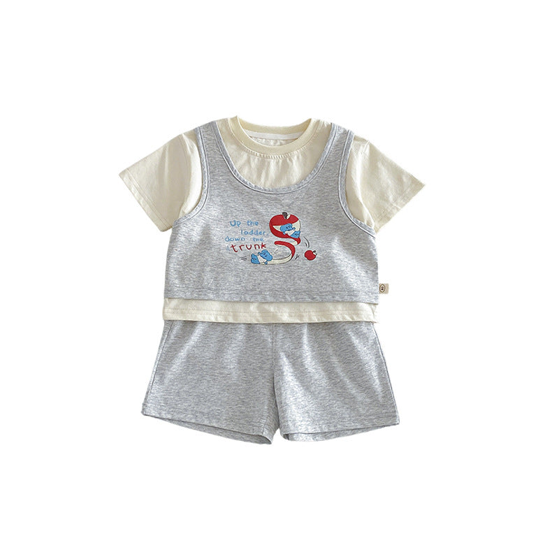 Children's Or Exchange Boy's Sportswear Summer Fake Two-piece Cartoon Printed T-shirt Children's Suit