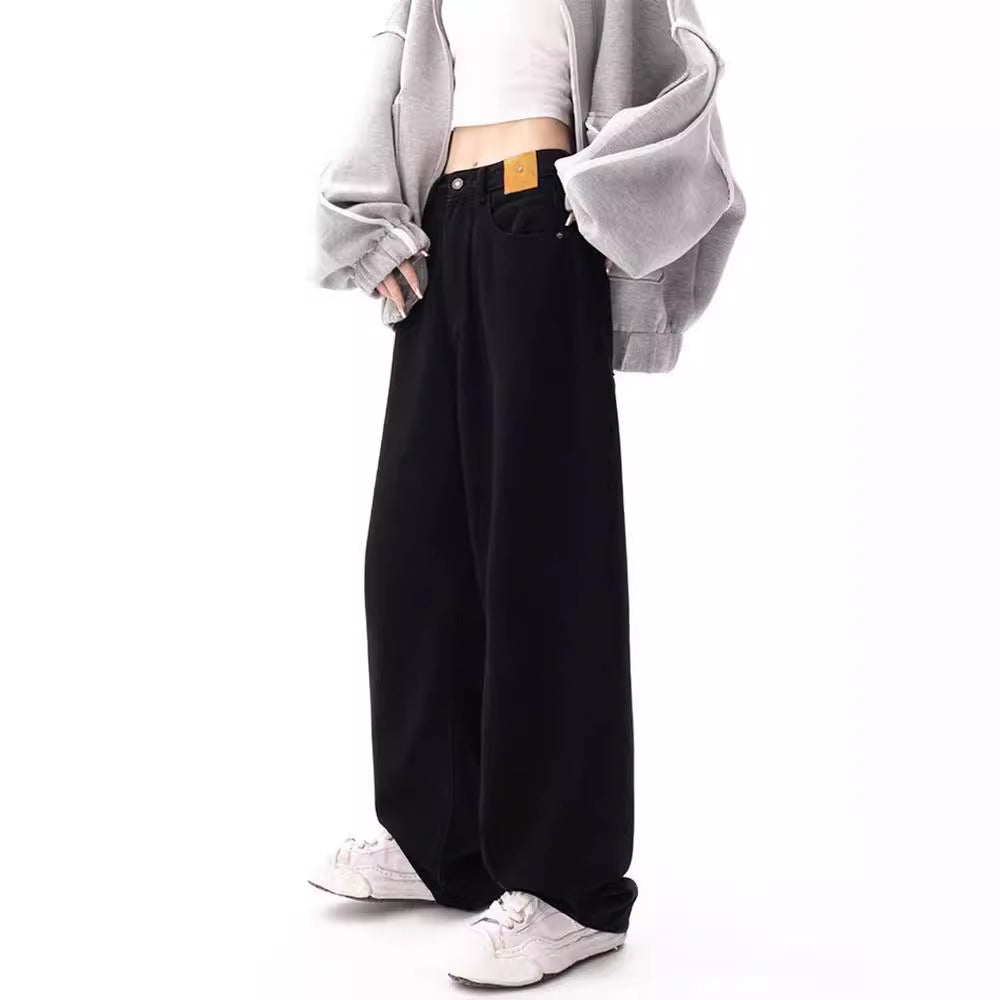 American High Street Black Straight Draping Autumn Waist Loose Leisure Jeans
