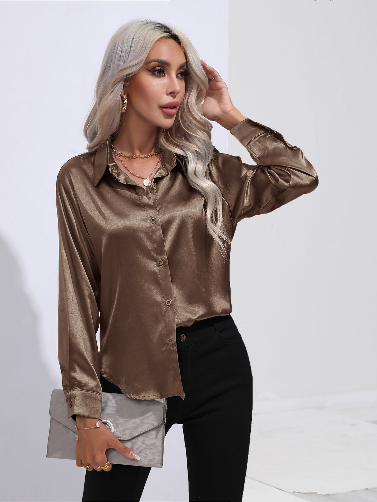 Glamorous Unique Women's Satin Shirt Long-sleeved Blouse