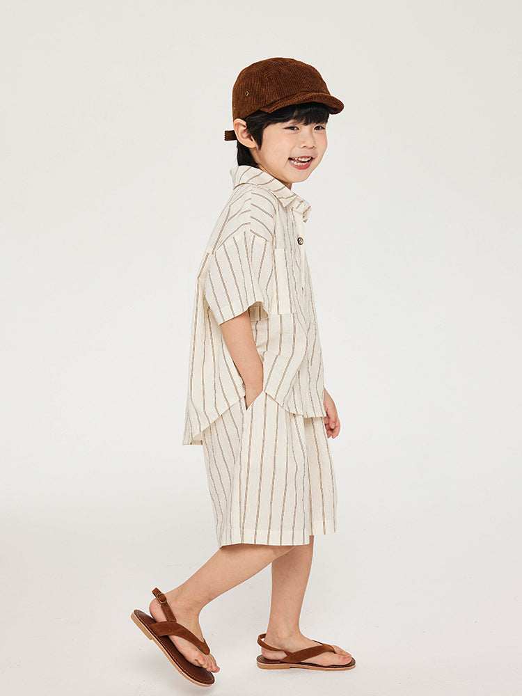 Children's Summer Cotton Linen Striped Shirt Short Sleeve Children's Suit