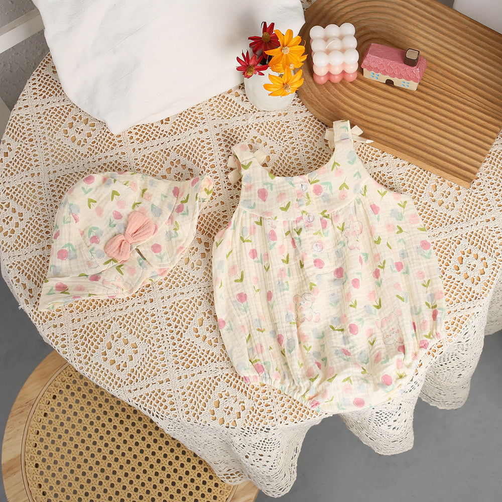 Gauze Triangle Rompers Floral Print Thin Jumpsuit Years Jumpsuit, Climbing Suit