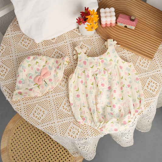 Gauze Triangle Rompers Floral Print Thin Jumpsuit Years Jumpsuit, Climbing Suit