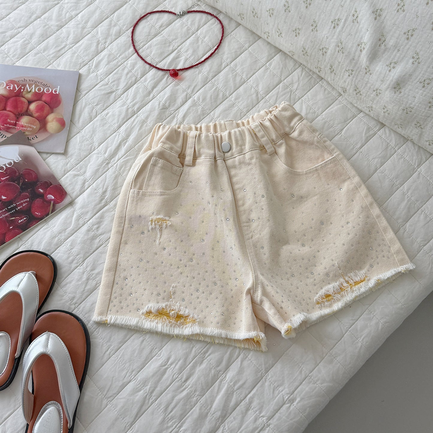 Children's Xie Denim Shorts Hot Drilling Frayed Summer Clothes Fifth Medium Children's Pants
