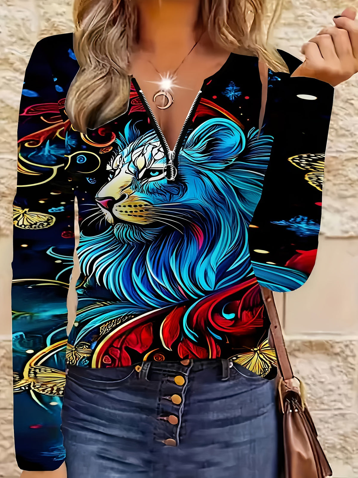 Women's Long Sleeve Flower Print Half Casual Tops