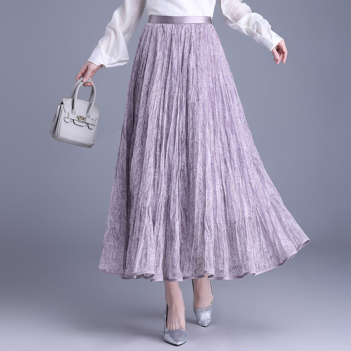 Purple Floral Pleated Autumn Slimming High Waist Crimp Skirt