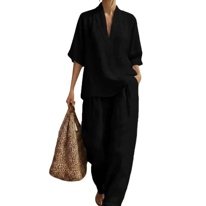 Women's Solid Color Comfortable Minimalist Linen Two-piece Fashion Casual Suit