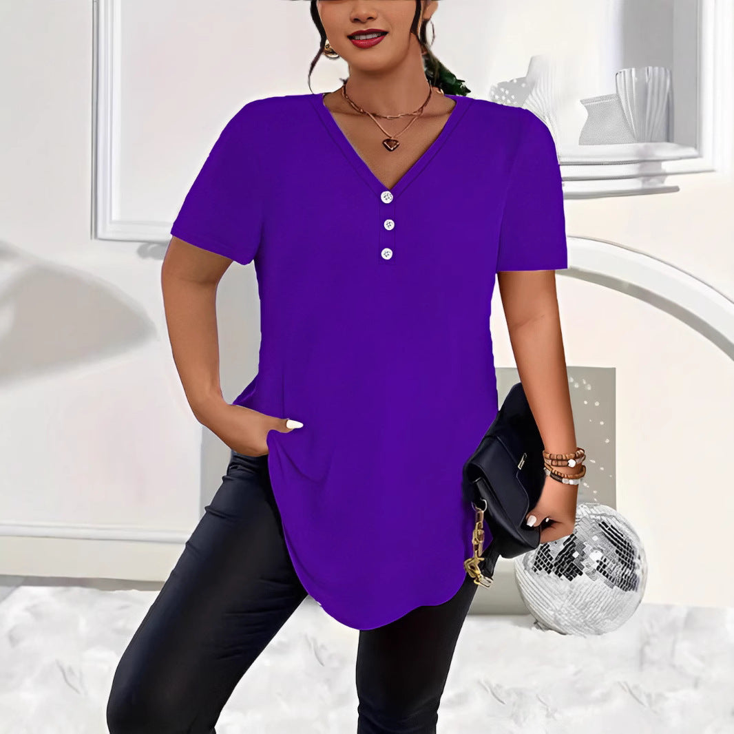 Women's Spring Fashion Solid Color Button Sleeve Women's T-shirt