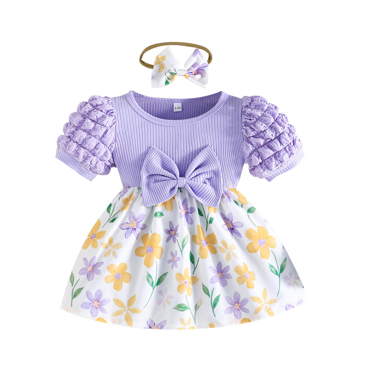Puff Sleeve Sunken Stripe Top Floral Children's Dress