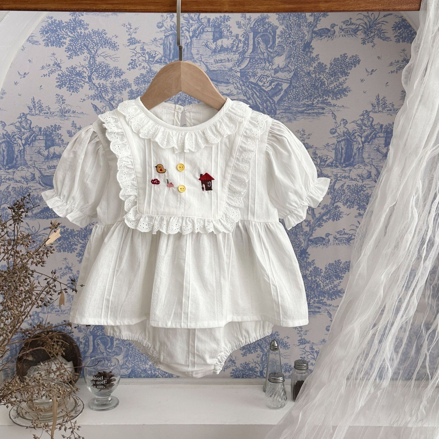 Summer Chicken House Embroidery Short Sleeve Two-piece Blouse Children's Suit