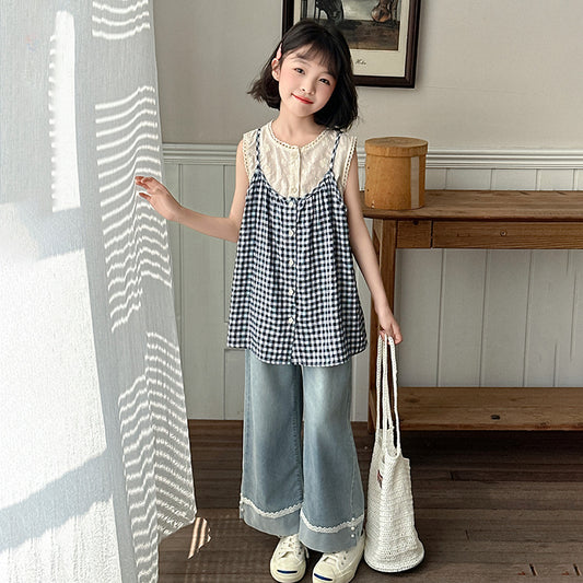 Summer Sweet Plaid Fake Two-piece Top With Jeans Medium Big Children's Suit