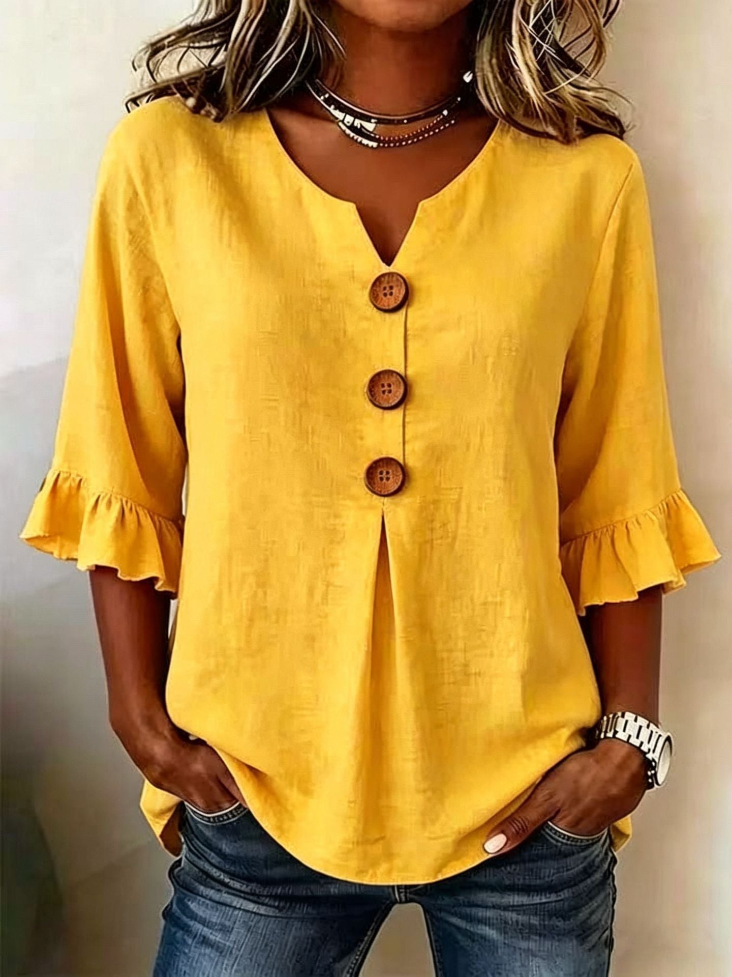Women's Summer Buttons Ruffled Half Sleeves Loose Blouses