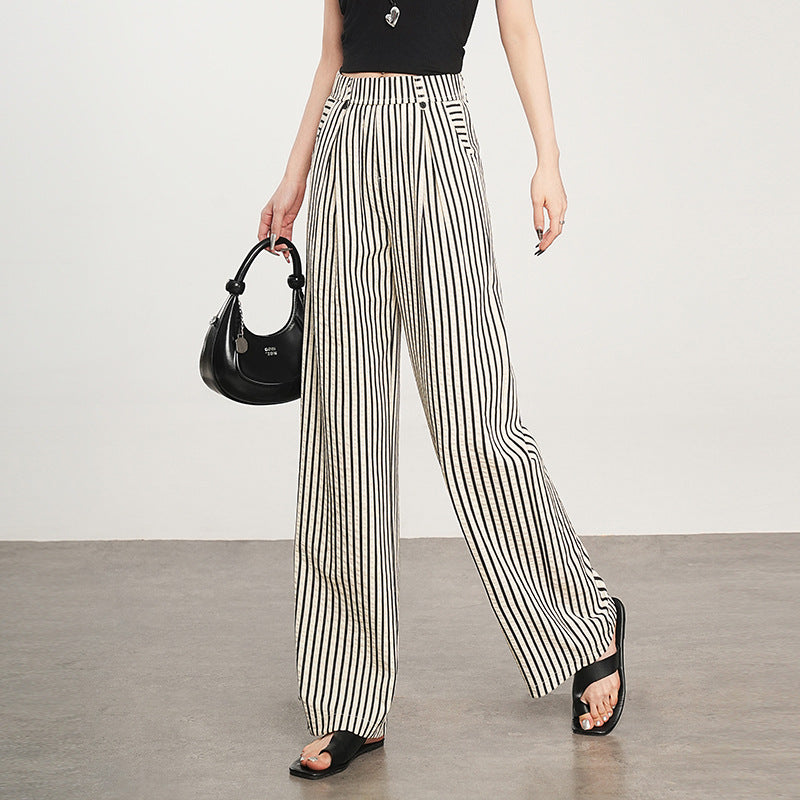 Women's Vertical Stripes Ice Silk Leisure High Waist Loose Small Casual Pants