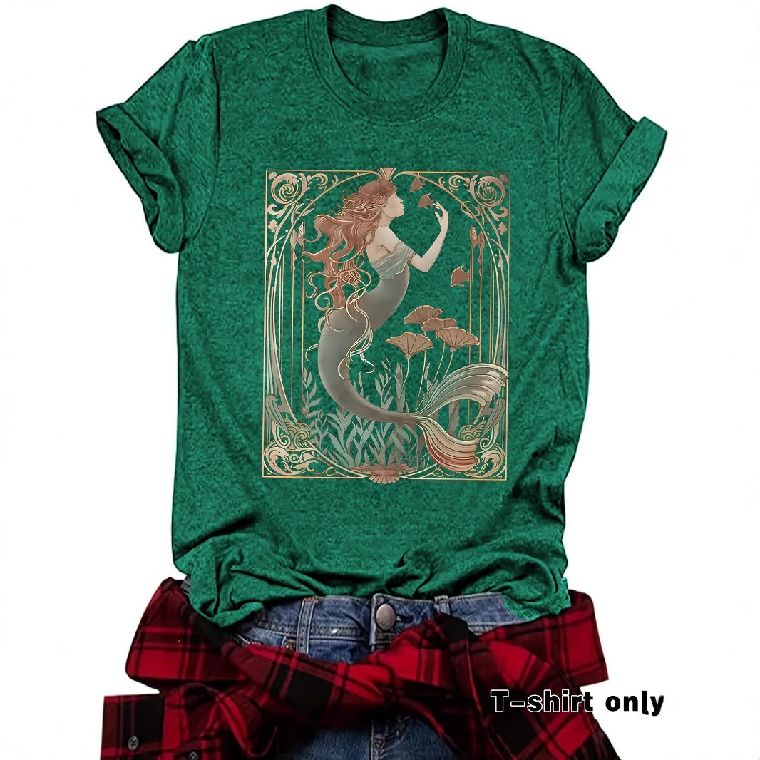 Women's Casual Feminist Mermaid Pattern Summer Round Neck Women's T-shirt