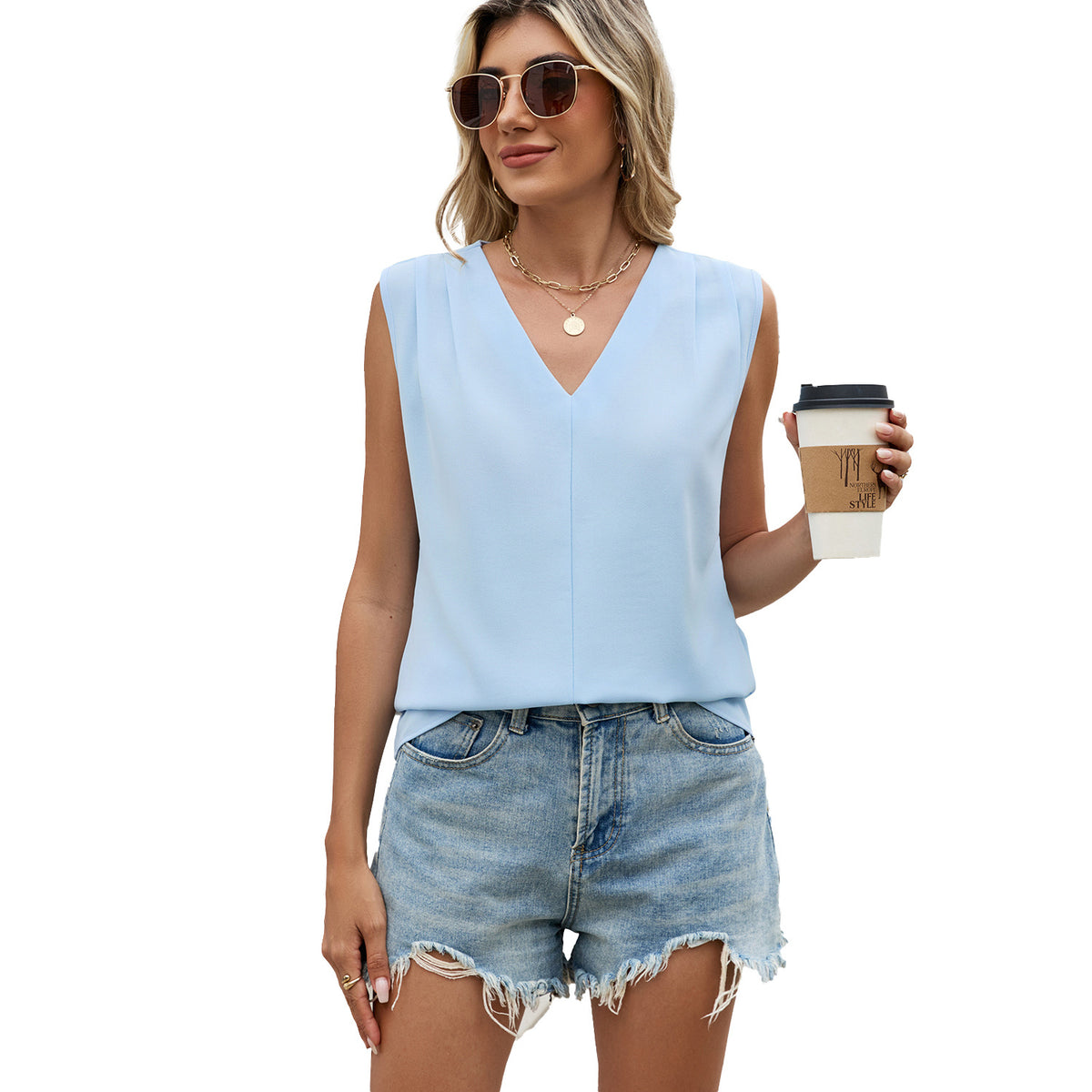 Summer Solid Color Loose Pleated Sleeveless Lace Shirt, Chiffon Shirt