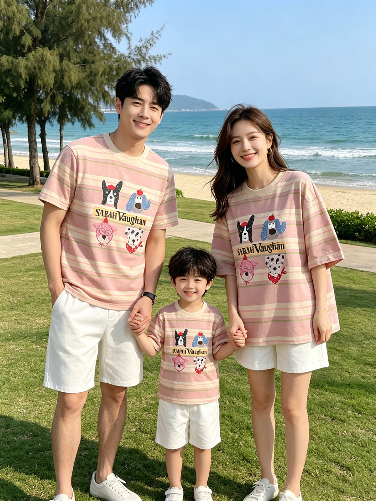 Cartoon Puppy Short Sleeve Family Four Seaside Vacation Loose Western Parent-child Outfit
