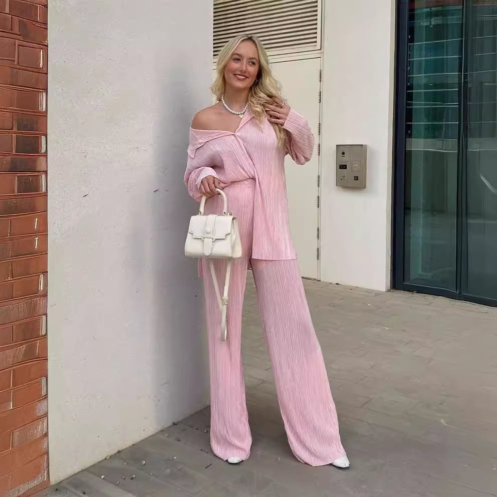 Women's Spring Pleated Design Shirt Outfit Trousers Loose Two-piece Set Fashion Casual Suit