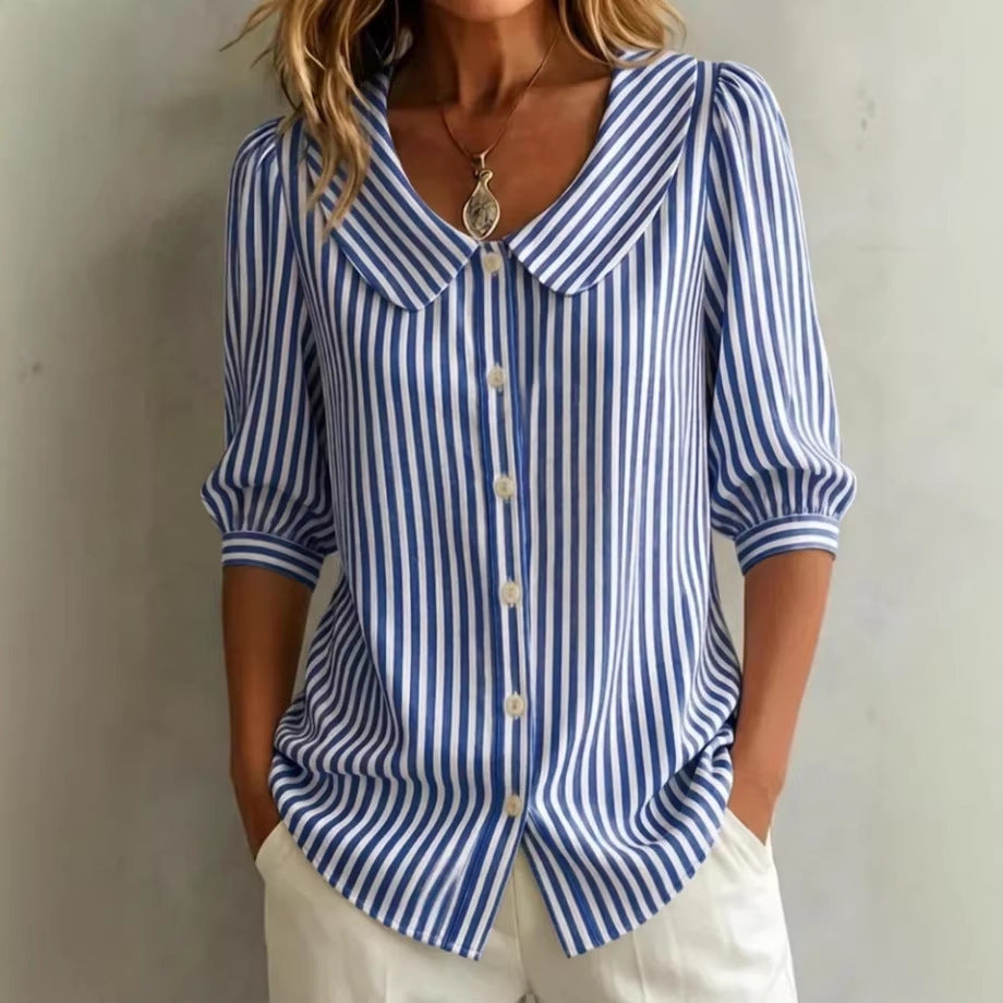 Women's Summer Doll Collar Striped Button Shirt Blouse