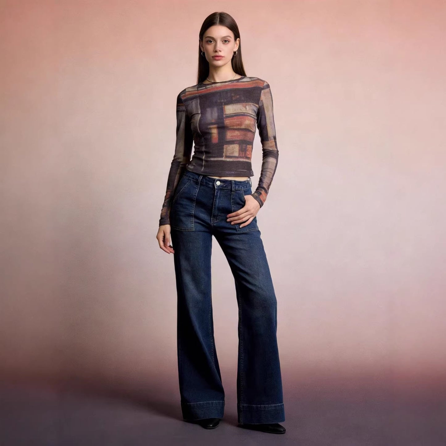 Women's Waist Wide Leg Leisure Loose Washed-out Jeans