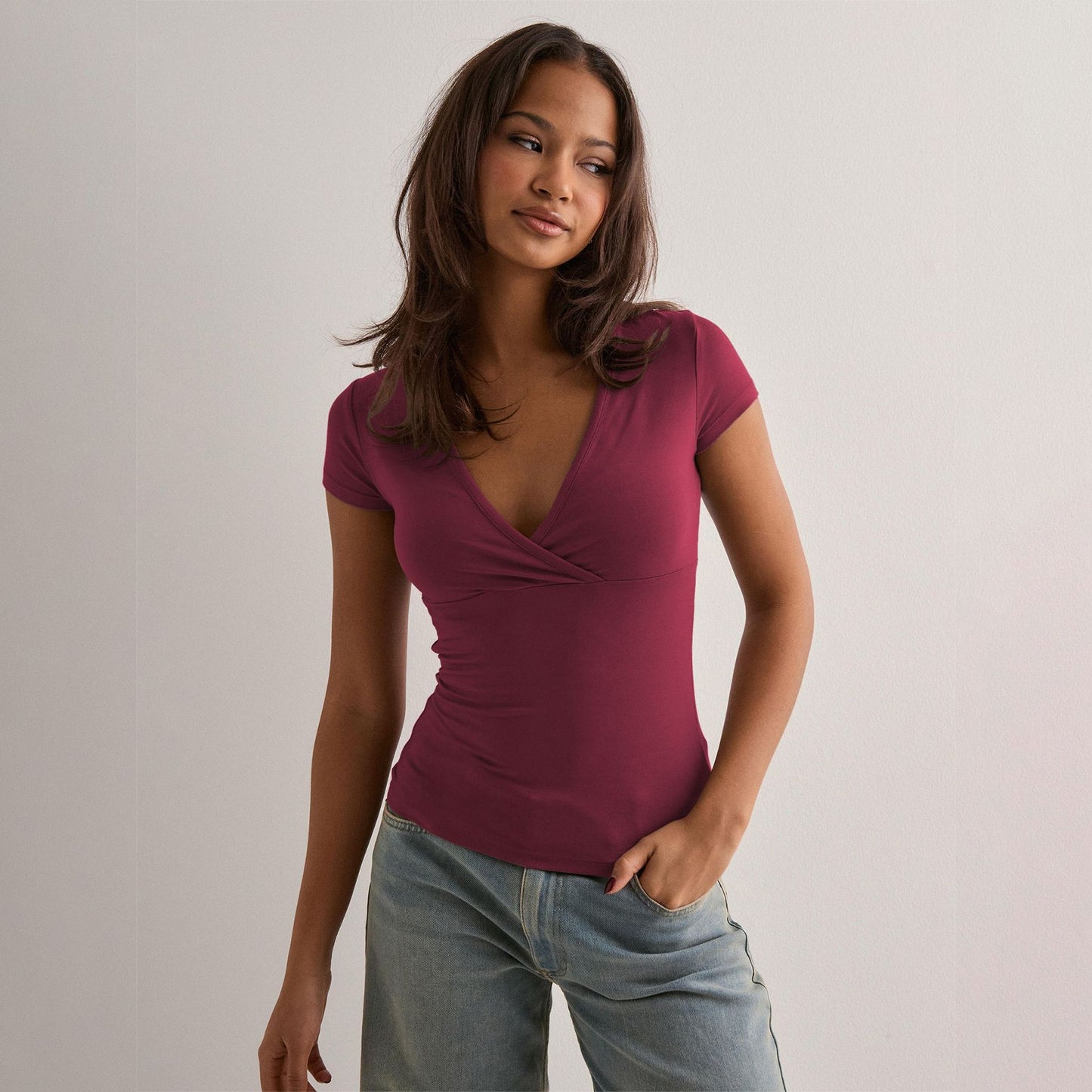 Women's Solid Color Slim Fit Collar Sleeve Women's T-shirt