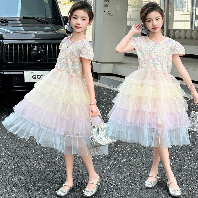 Skirt Mermaid Puff Sleeve Little Rainbow Children's Dress