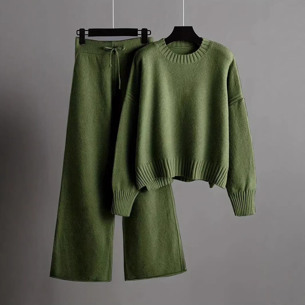 Women's Knitted Two-piece Crew Neck Pullover Straight Fashion Casual Suit