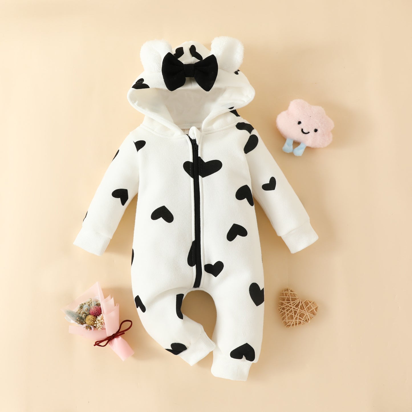 Love Romper Year Old Bowknot Zipper Sweater Strawberry Jumpsuit, Climbing Suit