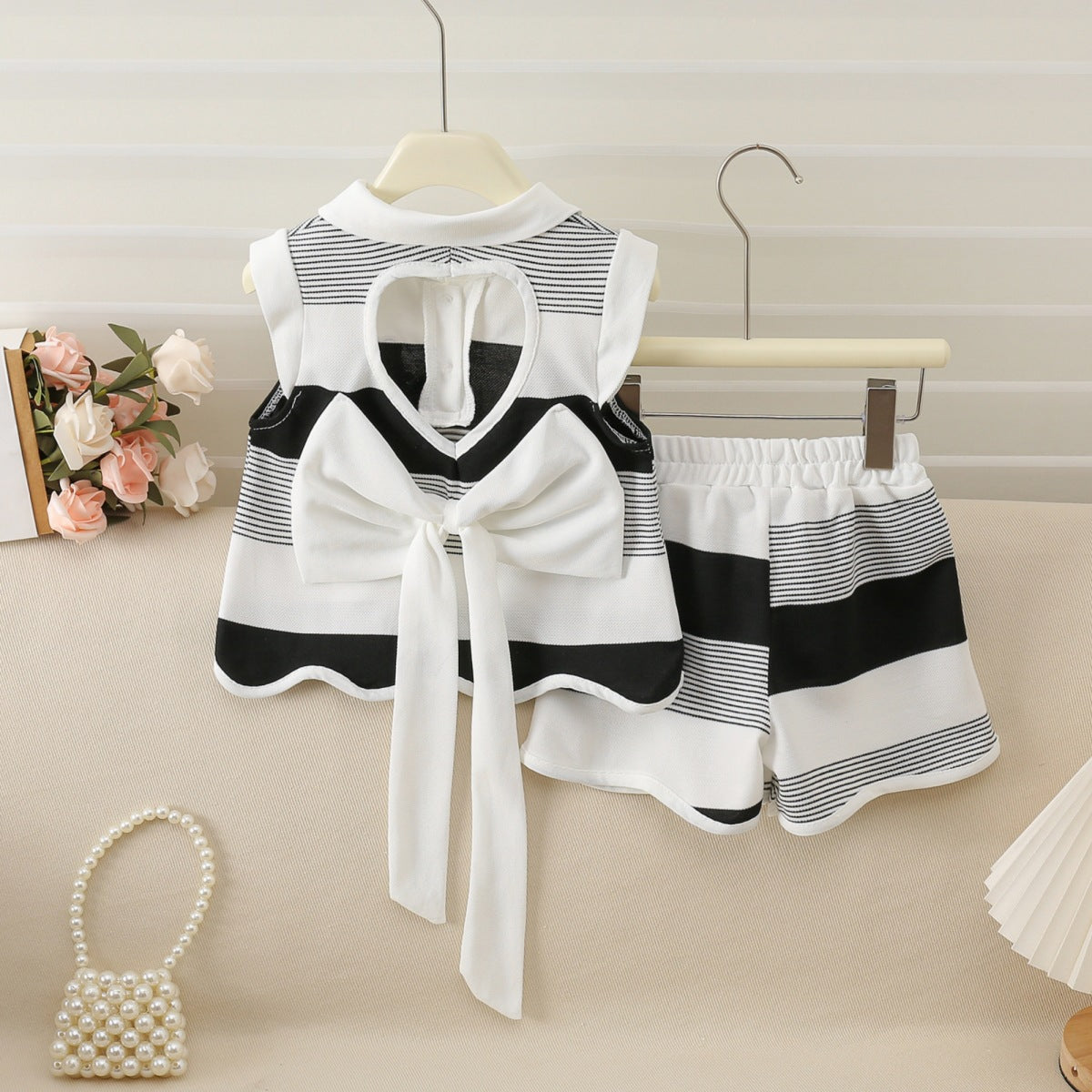 Children's Summer Sweet Cute Medium Big Western Style Striped Love Children's Suit